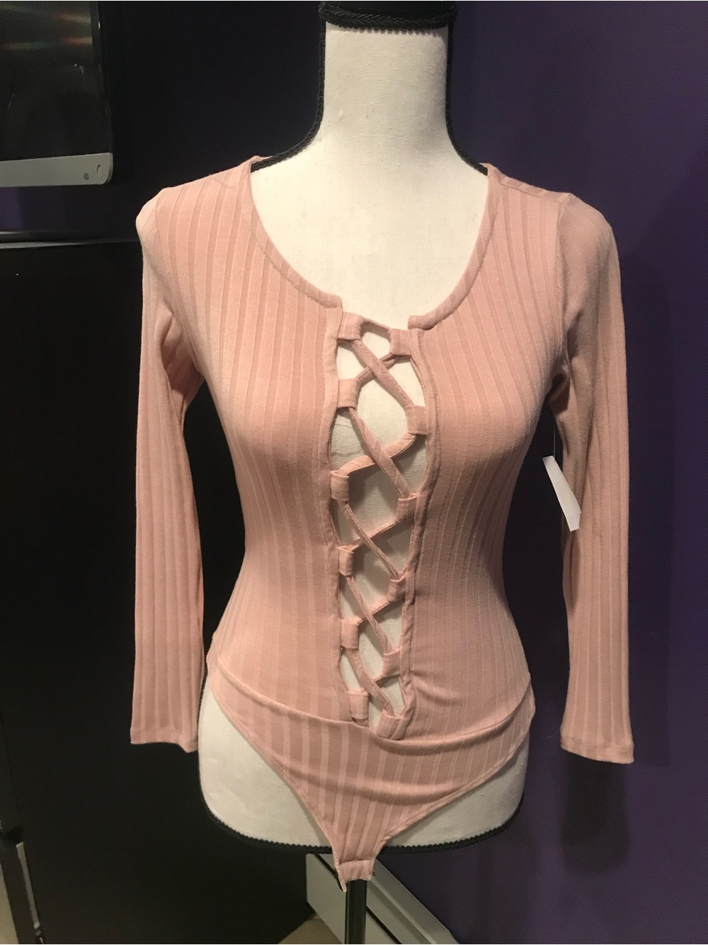 Charlotte Russe Blush Pink Ribbed Lace-Up Long Sleeve Bodysuit